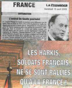  L'AMIRAL DE GAULLE poursuivi
en diffamation par les HARKIS
